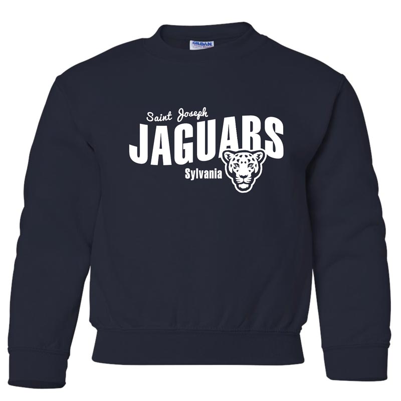 Saint Joseph - Jaguars White Text - Youth Navy Crewneck Sweatshirt (SJSW5)