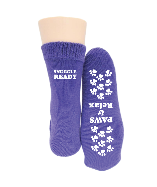 Purple socks with text and paw prints on a white background