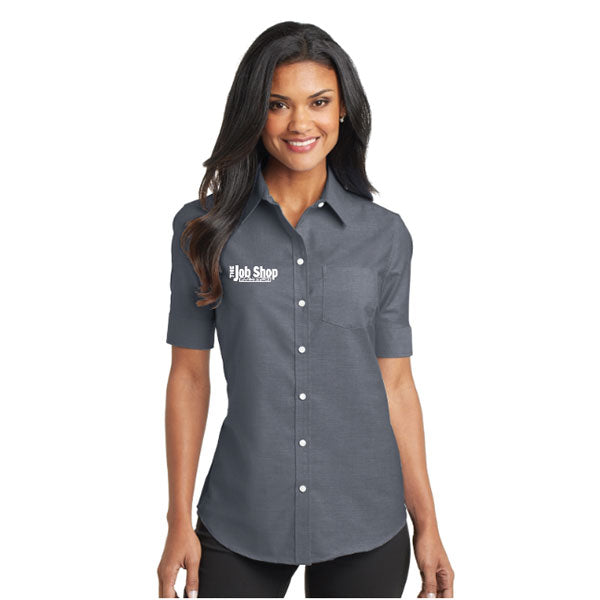 The Job Shop - Embroidered Ladies Short Sleeve Button Up